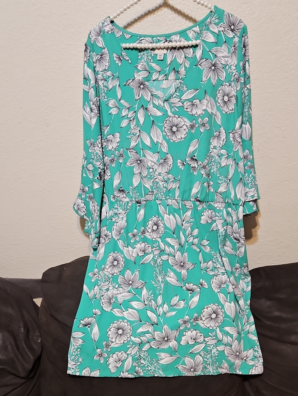 a new day Green Floral Long Sleeve Dress with White and Black Print